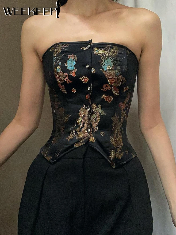 

Корсет Weekeep с китайским принтом дракона, без бретелек, облегающий бандаж на спине, винтажный укороченный топ Y2k, эстетическая майка, гранж, же...