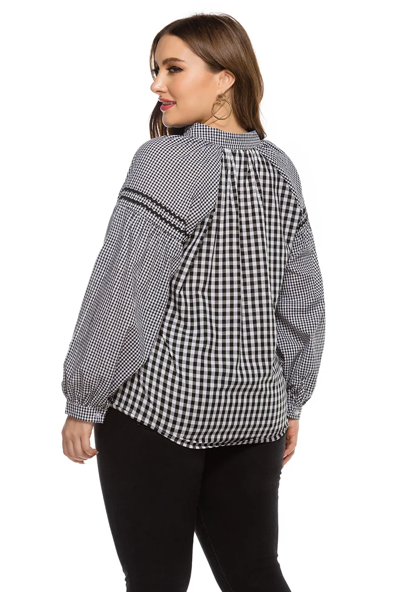 DOIB Plus Size Blouse Black White Plaid Shirt V Neck Patchwork Large Size Blouse Office Lady Elegent Oversize Shirt 2XL 3XL 4XL