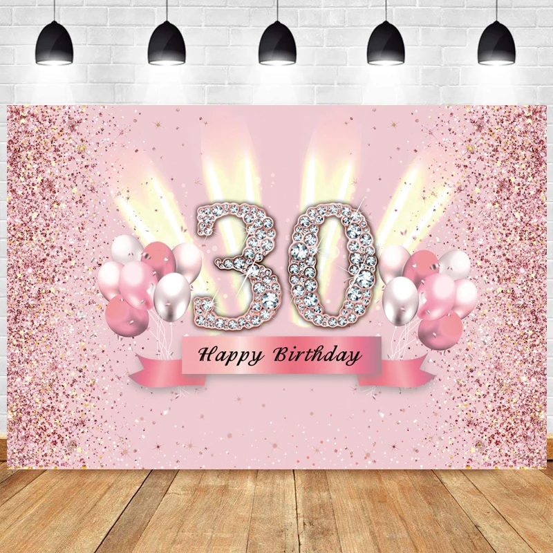 

Pink Sweet 30th Backdrop Happy Birthday Party Women Men Balloon Black Gold Photography Background Adult Photographic Banner