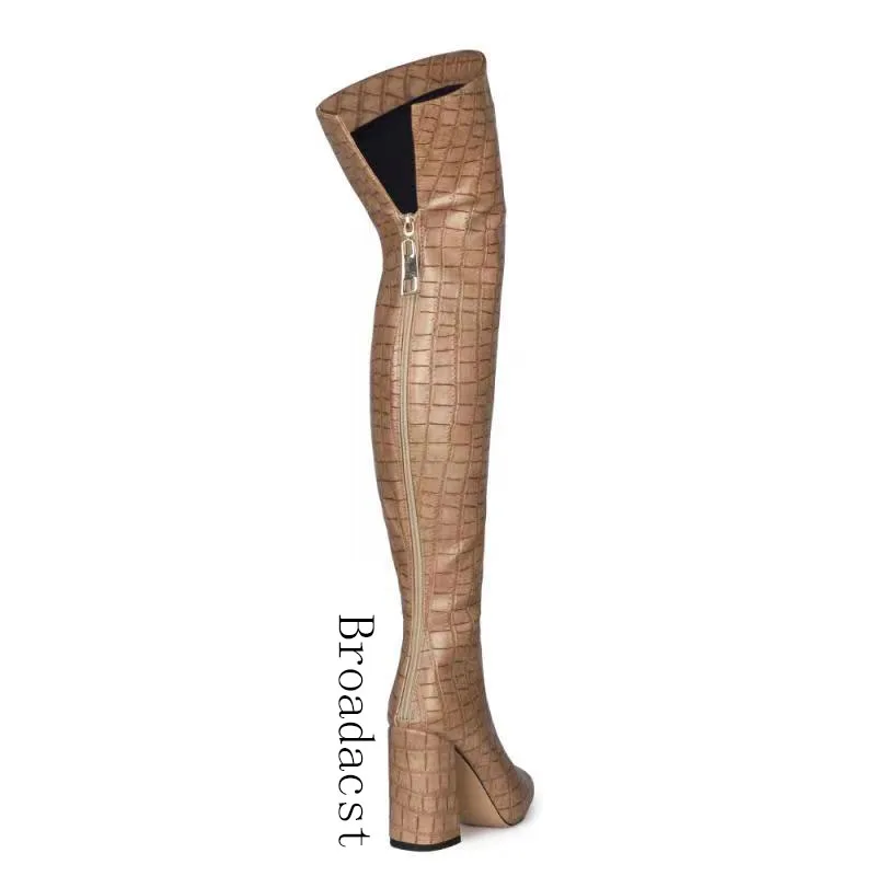 Broadcast  2021 Autumn and Winter Womens New Style Stone Grain PU Fashion Pointed High Heels Over-the-knee Ladies Boots