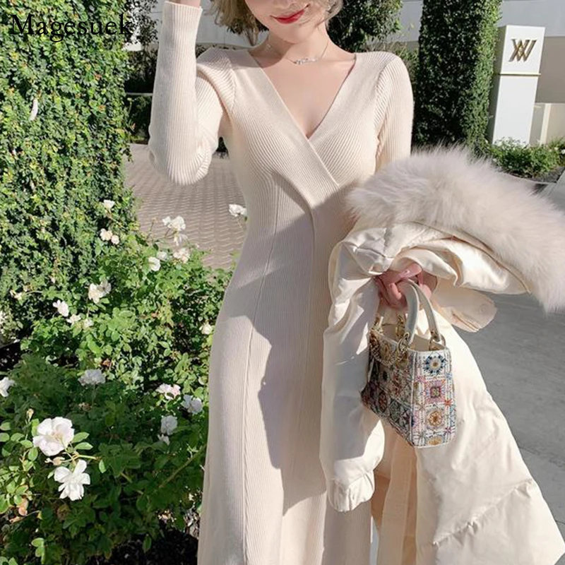 

Женское трикотажное платье-свитер, облегающее ТРАПЕЦИЕВИДНОЕ элегантное платье средней длины с V-образным вырезом, вечерние платья, Осень-з...