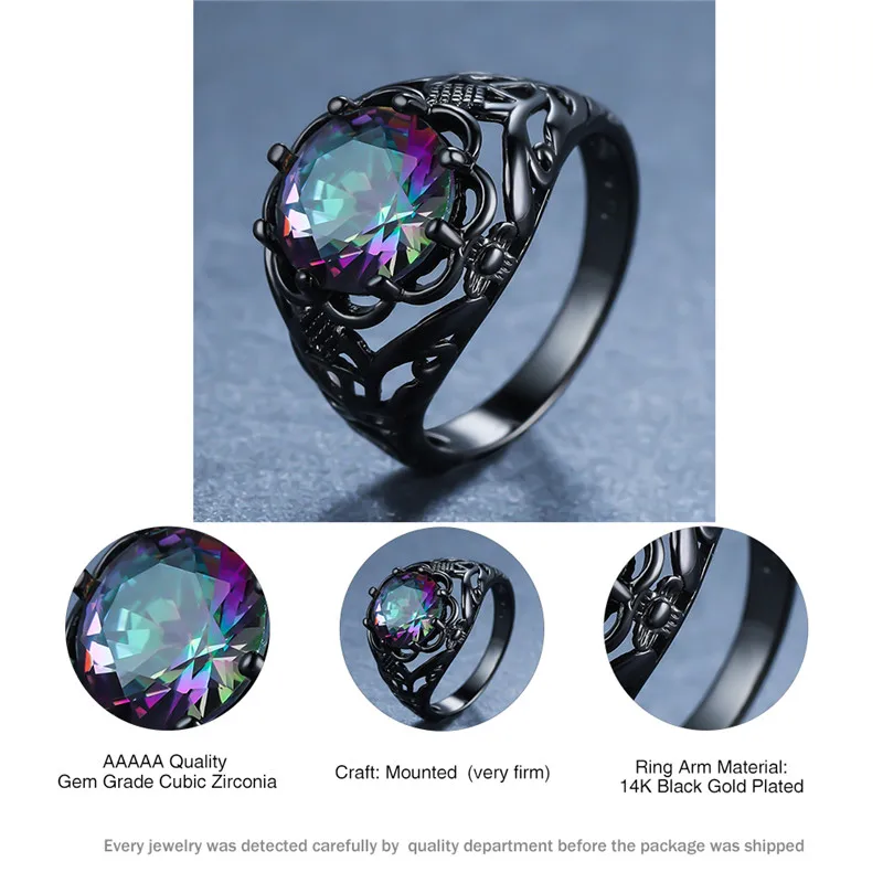 

Charm Female Round Rainbow Flower Ring Vintage 14KT Black Gold Engagement Rings For Women Luxury Hollow Zircon Wedding Band Ring