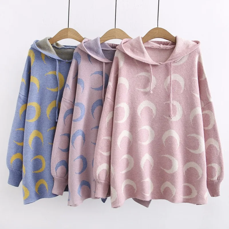 Женский свитер с капюшоном и принтом Луны повседневный трикотажный