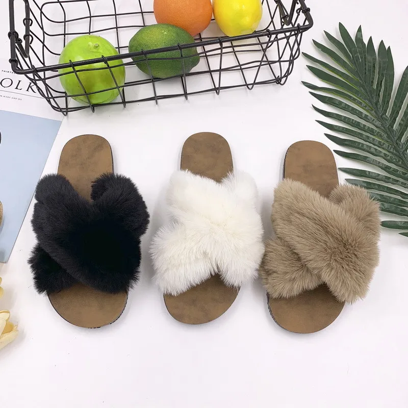 

Шлепанцы женские с мехом, Плюшевые сандалии, перекрестные пушистые, сланцы, пляжная обувь, уличные пушистые босоножки, лето