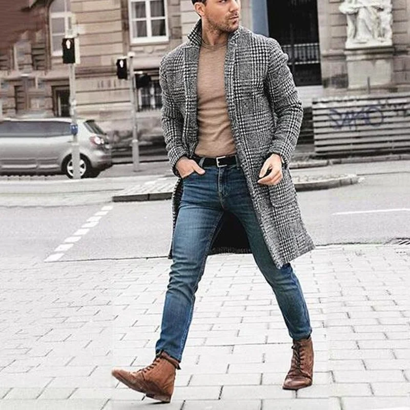 

Men Long Wool Blend Coat Autumn Winter Woolen Men's Coat Mid-Length Double-Breasted Plaid Full Sleeve Casual Fashion Thick