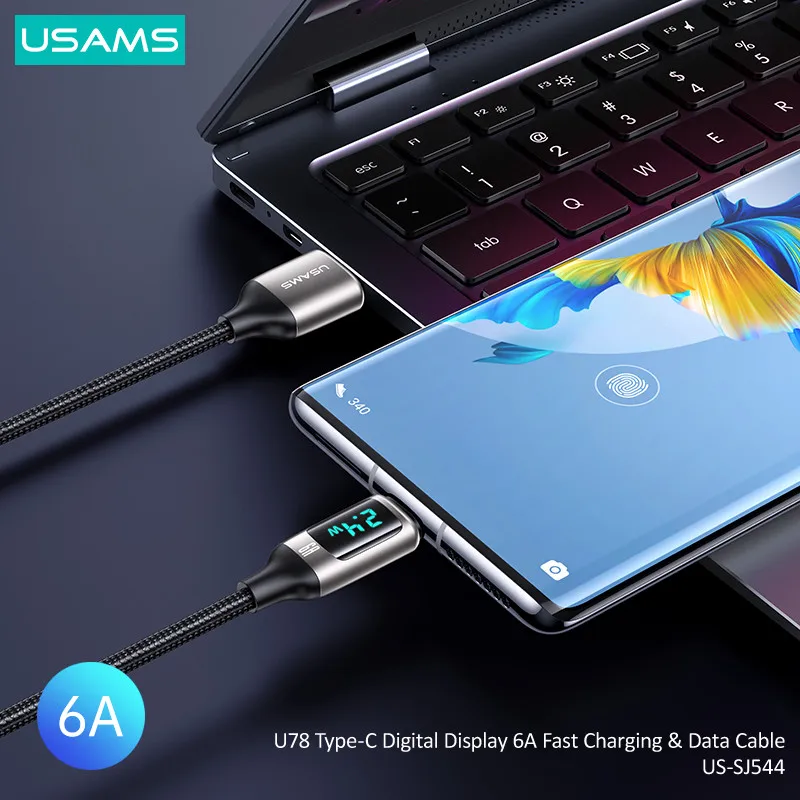 Кабель для быстрой зарядки USAMS 100 Вт 6 А со светодиодным дисплеем USB A C на Type