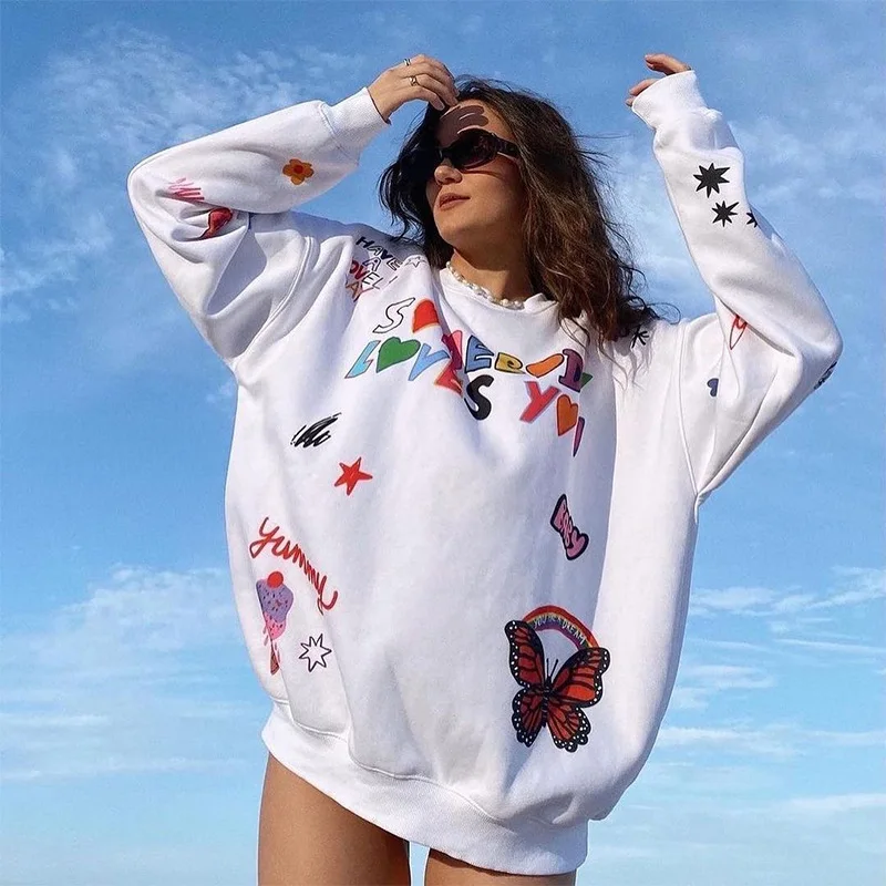 

WeiYao Letter Butterfly Print Graphic Sweatershirts Women White Casual Cute Sweat Tops 90s O Neck Long Sleeve Autumn Baby Tees