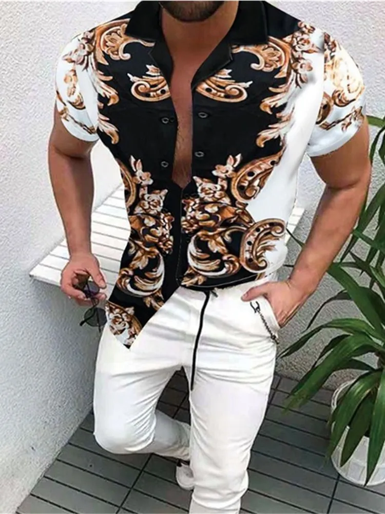 

Hot sale Black Nation Style Summer Man Shirt Hawaii Print Henry Collar Shirt Trend fashion Man Social Party Short Sleeve Shirt