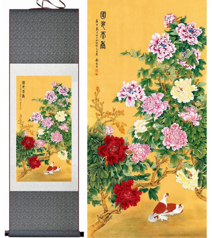 

peony flower painting Chinese scroll painting birds and Peony flower paintingPrinted painting