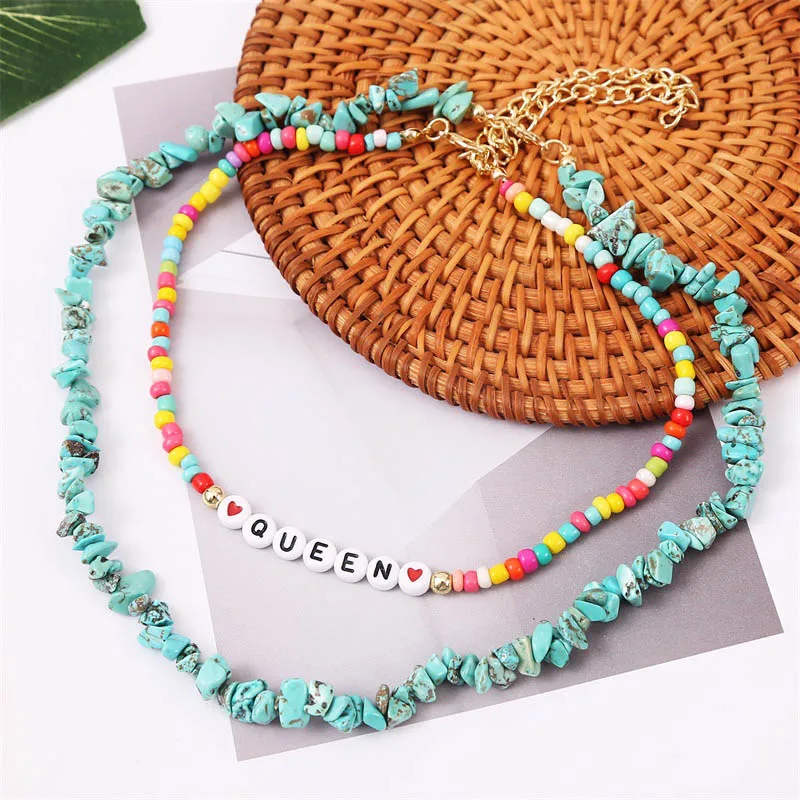 

Ant Angel Bohemian style colored rice bead QUEEN beaded necklace green natural irregular stone pendant necklace 2PCS/set
