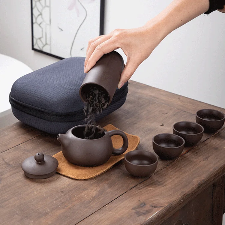 

Purple Clay Kung Fu Teapot 200ml Chinese Porcelain Zisha Tea Pot 4 Cups Kung Fu Travel Tea Cup Handmade Tea Pot Cup Set