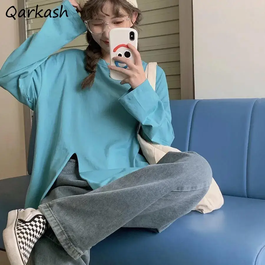 

T-shirts Women Split Loose Solid Long Sleeve Design Korean Style Spring Students Casual Simple 4 Colors Trendy Popular Tops Ins