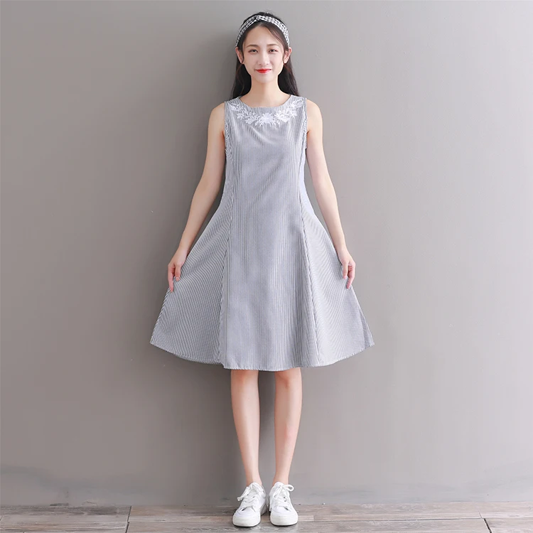 Mori Girl Летний женский милый сарафан в полоску с круглым вырезом и вышивкой без