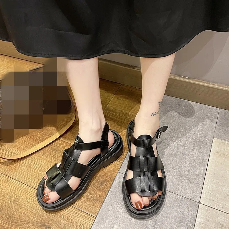 

2021 Summer Beige Heeled Sandals Shoes Buckle Strap Open Toe Med All-Match Clogs Wedge Black Gladiator Thick Comfort Block Beach