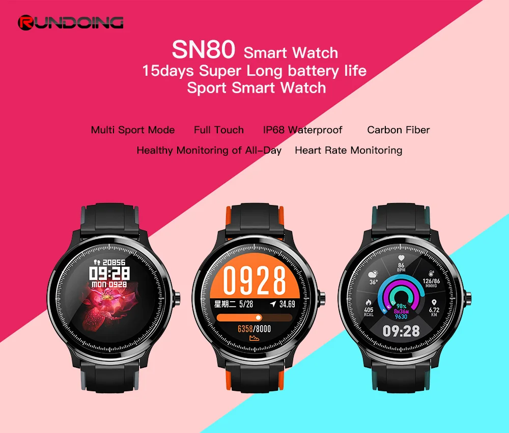 Смарт-часы RUNDOING SN80, IP68, водонепроницаемые, 1,3 дюймов, полный сенсорный круглый экран, кровяный кислород, мужские спортивные Смарт-часы для Android IOS