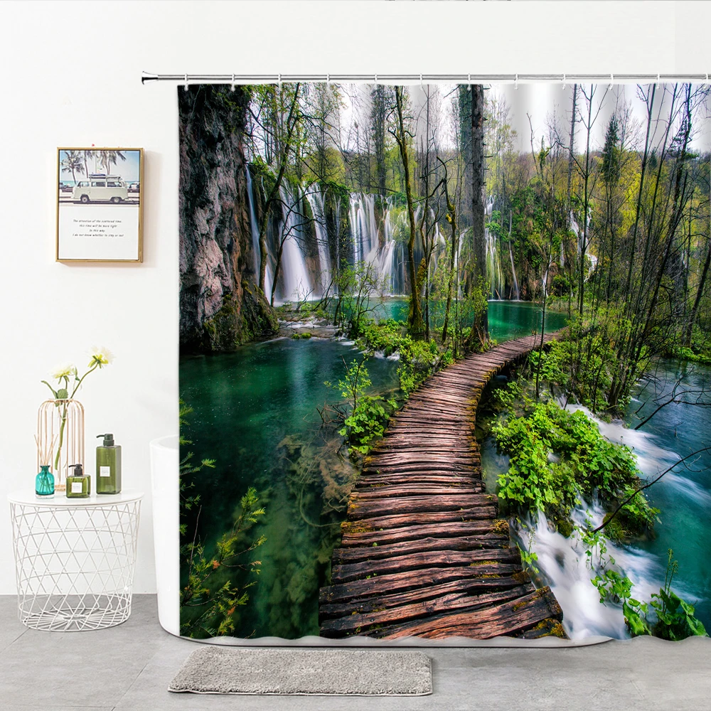 

Wooden Walkway Shower Curtain Green Forest Spring And Fall Park Scenery Landscape Wall Covering Home Decor Hook Bath Curtains