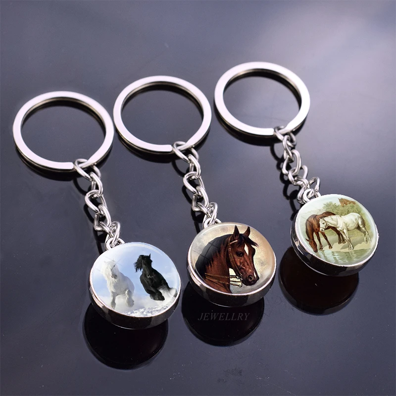 Брелок для ключей в виде головы лошади, двухсторонний стеклянный шар с кабошоном красного и коричневого цвета, ювелирное украшение в виде животного, лошади, подарок для мужчин и женщин