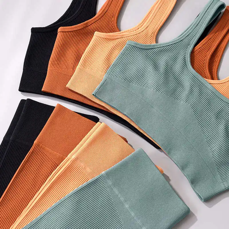 

2pcs Set Women Yoga Sets Ribbed Seamless Sports Sets Fitness Bra High Waisted Sports Leggings Clothes for Women