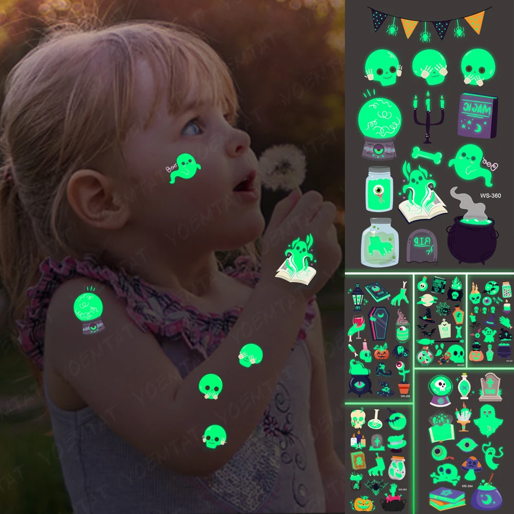 

Halloween Festival Tattoo Luminous Glowing Skull Party Waterproof Temporary Tatoo Kids Children Boys Girls Men Women Fake Tatto