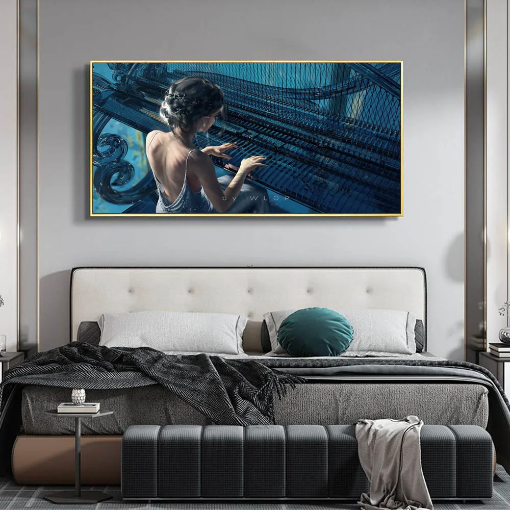 

Cartoon oil painting playing piano girl art canvas painting living room corridor office home decoration mural