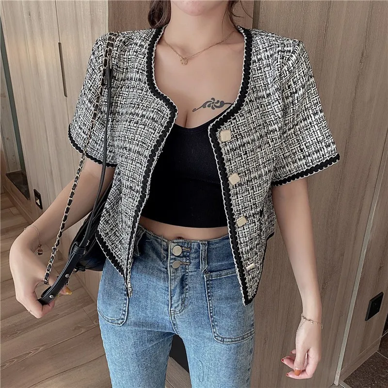 

Office Ladies Elegant Tweed Short Jacket Summer Slim Fit Short Sleeve O-Neck Single Breasted Plaid Coat Women Casual Outerwear