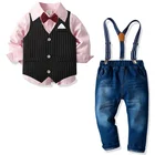 Новинка 2021, костюм джентльмена в полоску для мальчиков, Детская рубашка с длинным рукавом, джинсовые брюки, вечернее платье из двух частей, официальное платье