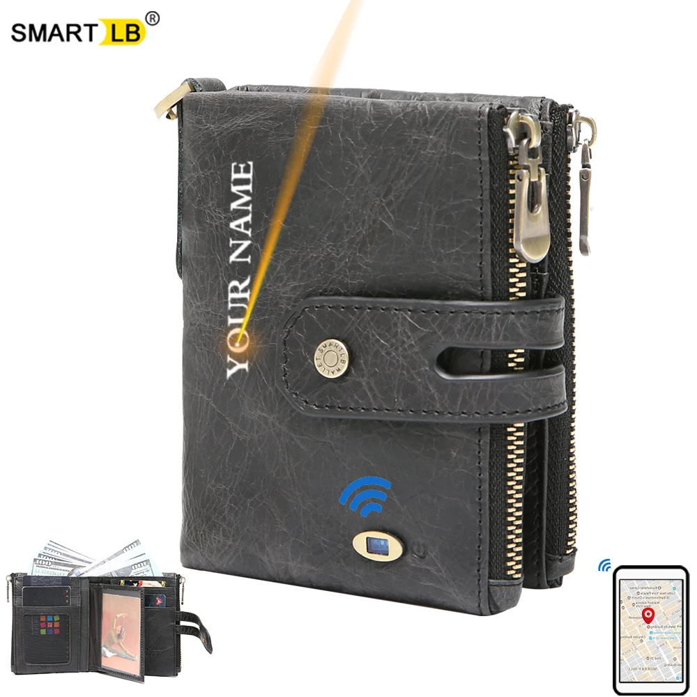 Smart Anti-lost Wallet GPS Record Bluetooth Free engraving Gift Coin Purse Chain Wallet Genuine Leather Card Holders Zipper Wall