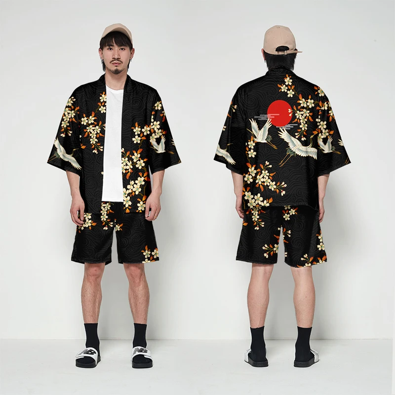 Kimono Men Japanese Haori 2022 Crane Print Yukata Samurai Cosplay ...