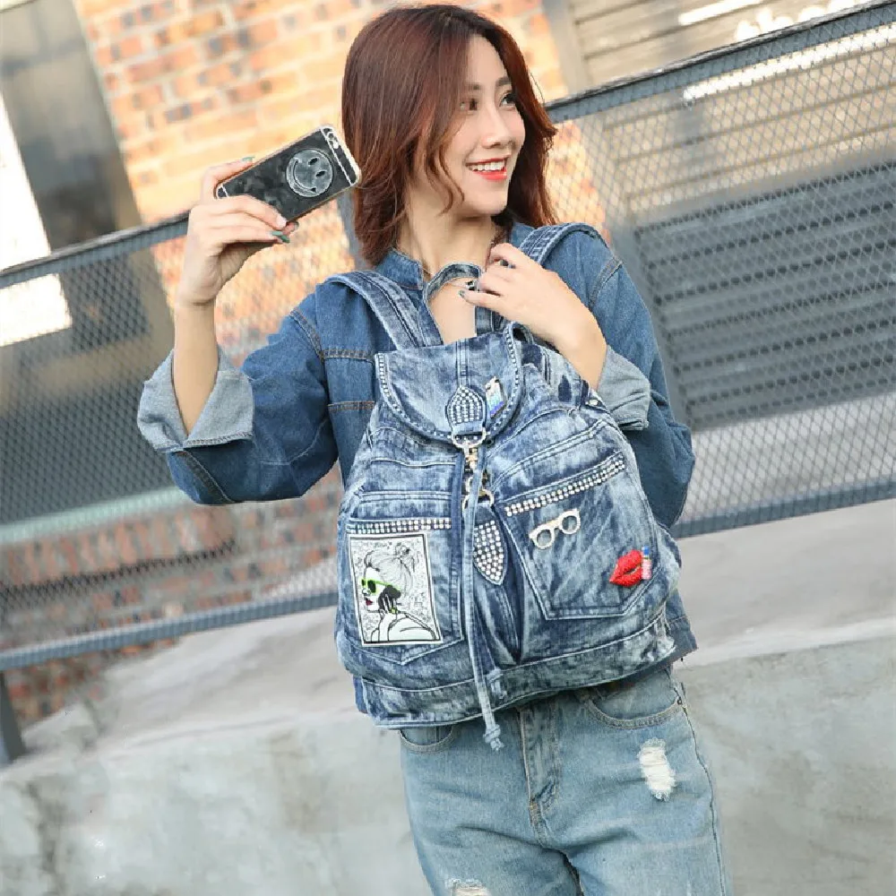 

Fashion Denim Backpack New Korean Casual Denim Backpack Contracted Personality Inlaid With Diamond Embroidery Leisure Backpack
