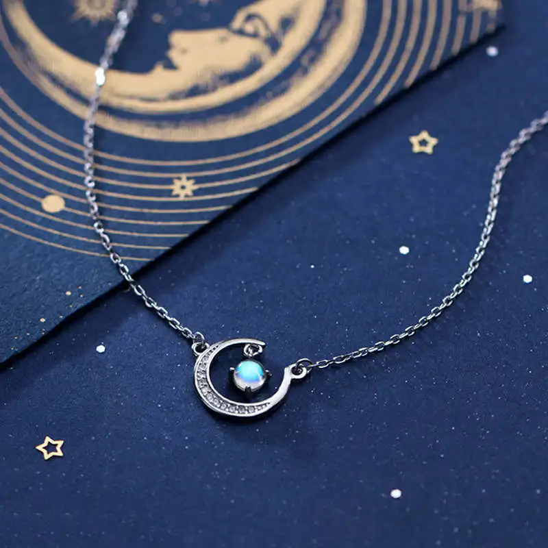 

PONYKISS Real 925 Sterling Silver Zircon Moon Geometric Pendant Necklace Party Romantic Delicate Accessory Lovely Trendy Gift