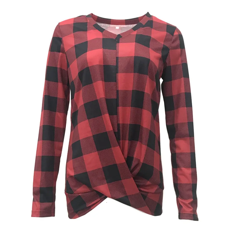 Женская Клетчатая блуза размера плюс Топ с длинным рукавом и v-образным вырезом
