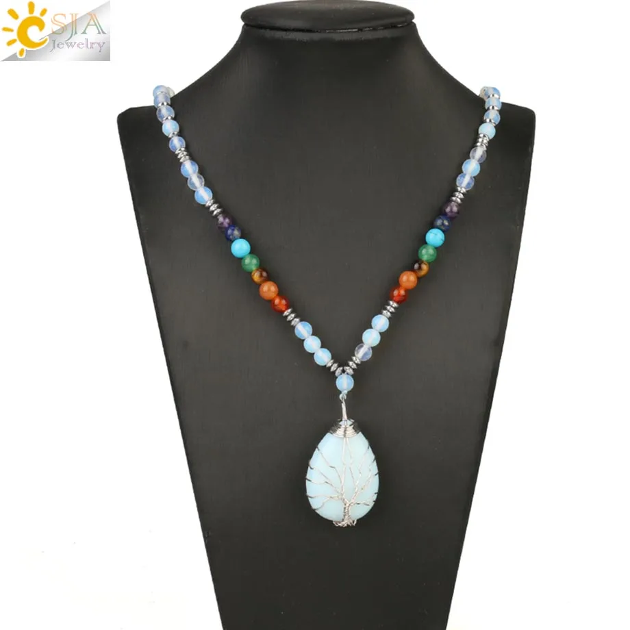 Opal Chakra Csja 6 миллиметровый опал бисерные ожерелья Дерево жизни Wire wrap кулон 7 Исцеление чакры бисера ручной работы ювелирные изделия для женщин мужчин Collier S478 - Окраска металла: Opal Chakra