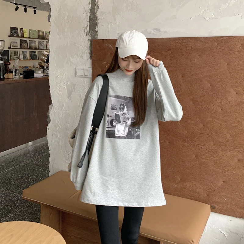 

XZ1071 2021 new Mid-length Korean style loose long-sleeved half-high collar Sweatshirts women