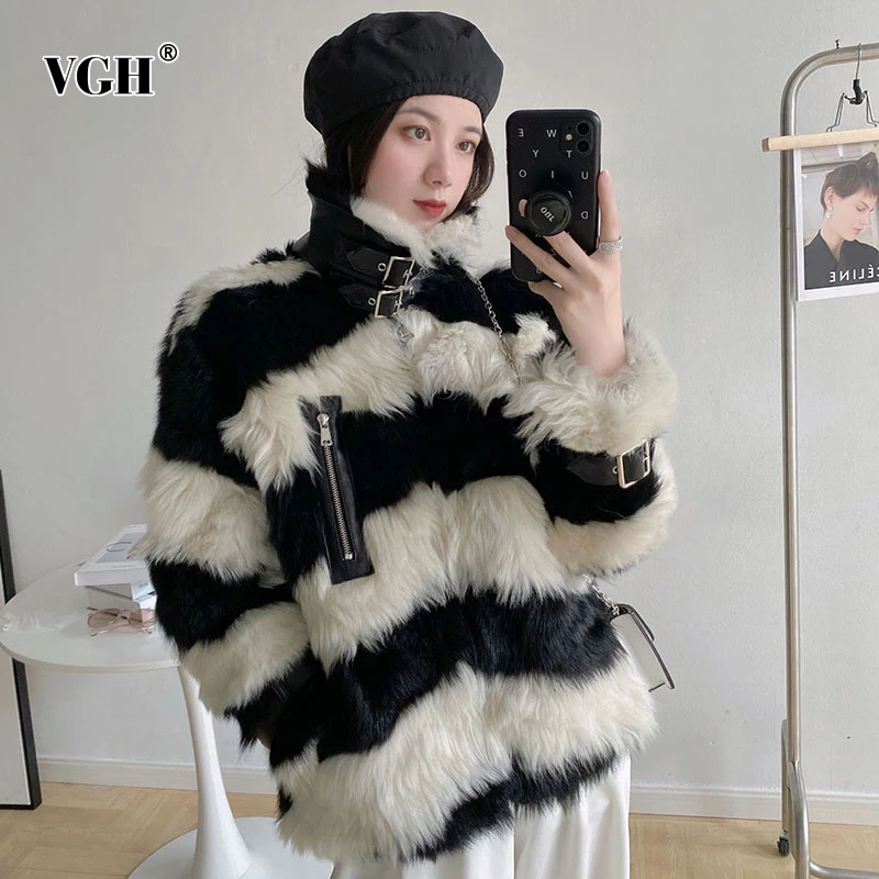 

VGH Casual Loose Colorblock Patchwork Zippers Coat Female Lapel Long Sleeve Fashion Coats For Women Winter Style 2021 Clothing