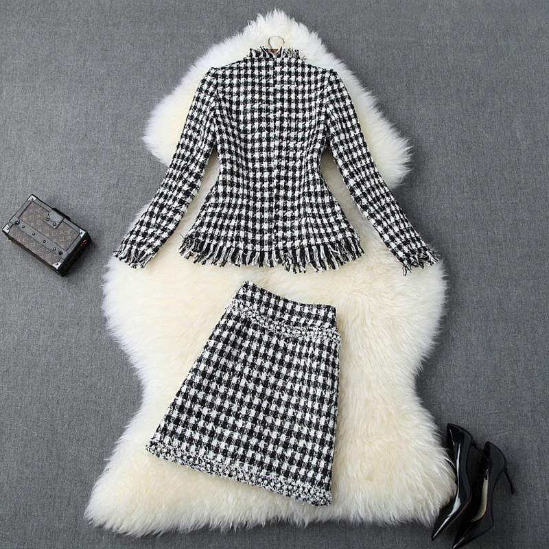 Высокое качество Новый Стильный Осень Зима 2019 дизайнерский костюм набор женский клетчатый твидовый пиджак
