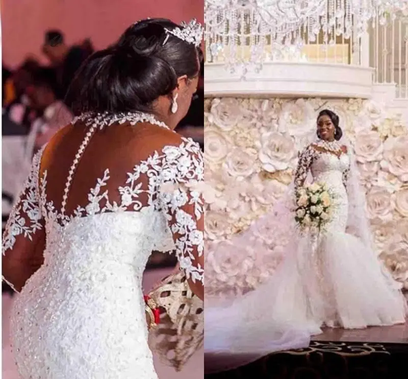 

African Plus Size Mermaid Wedding Sheer Jewel Neck Long Sleeve Lace Appliques Bridal Gowns Bride Dresses Robes De Mariée
