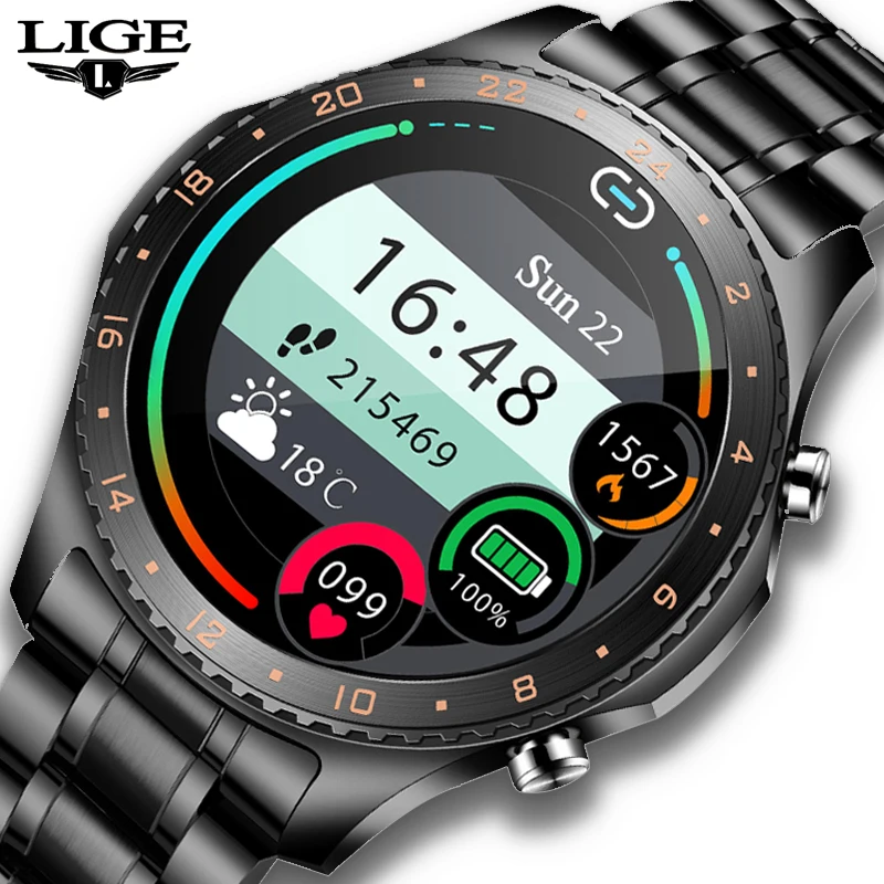 

LIGE 2021 New Smart Watch Men Full Touch Screen Sport Fitness Watch IP67 Waterproof Bluetooth For Android Ios Smartwatch Men+Box