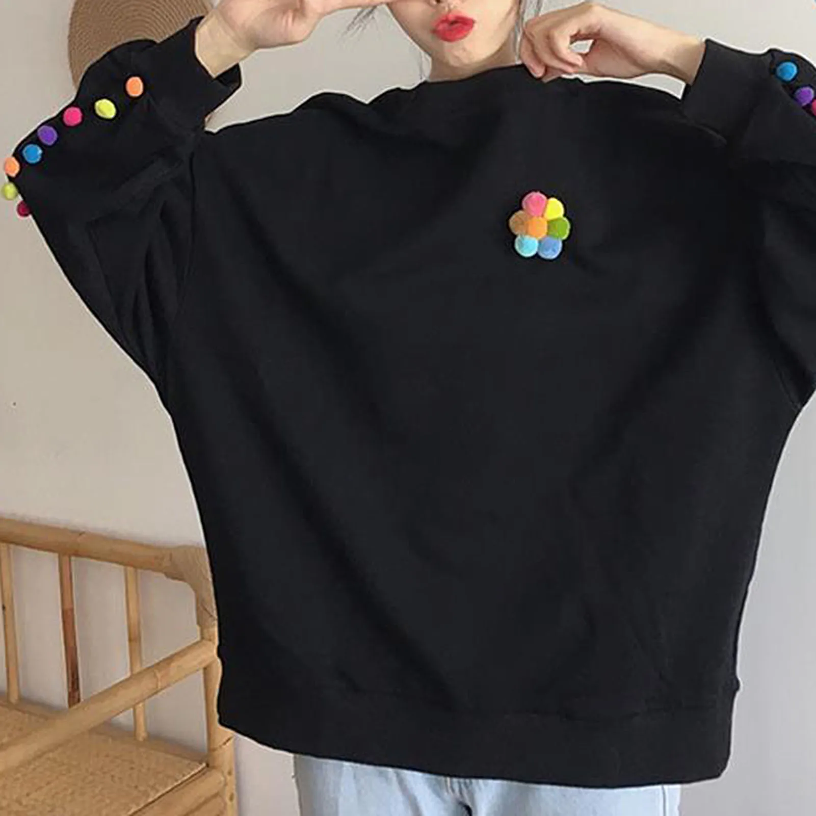 Fashion Autumn Women Multicolor Pompom Hoodie Long Sleeve O Neck Loose Hoodies Sweatshirts Chic Women Casual Blouse Tops