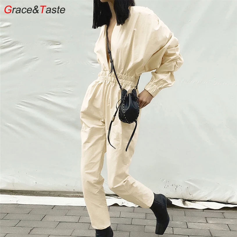 Комбинезон женский с завышенной талией пышными рукавами на осень/зиму|Женские