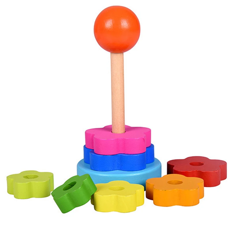 Детские деревянные блоки игрушки Радужное штабелируемое кольцо башня