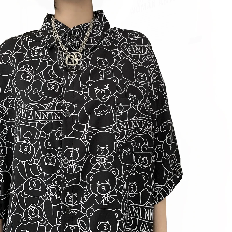 

2021 Summer New Streetwear Blouse Kawaii Retro Cartoon Blouses Female Harajuku Casual Short-sleeved Loose Hip hop Shirts Unisex