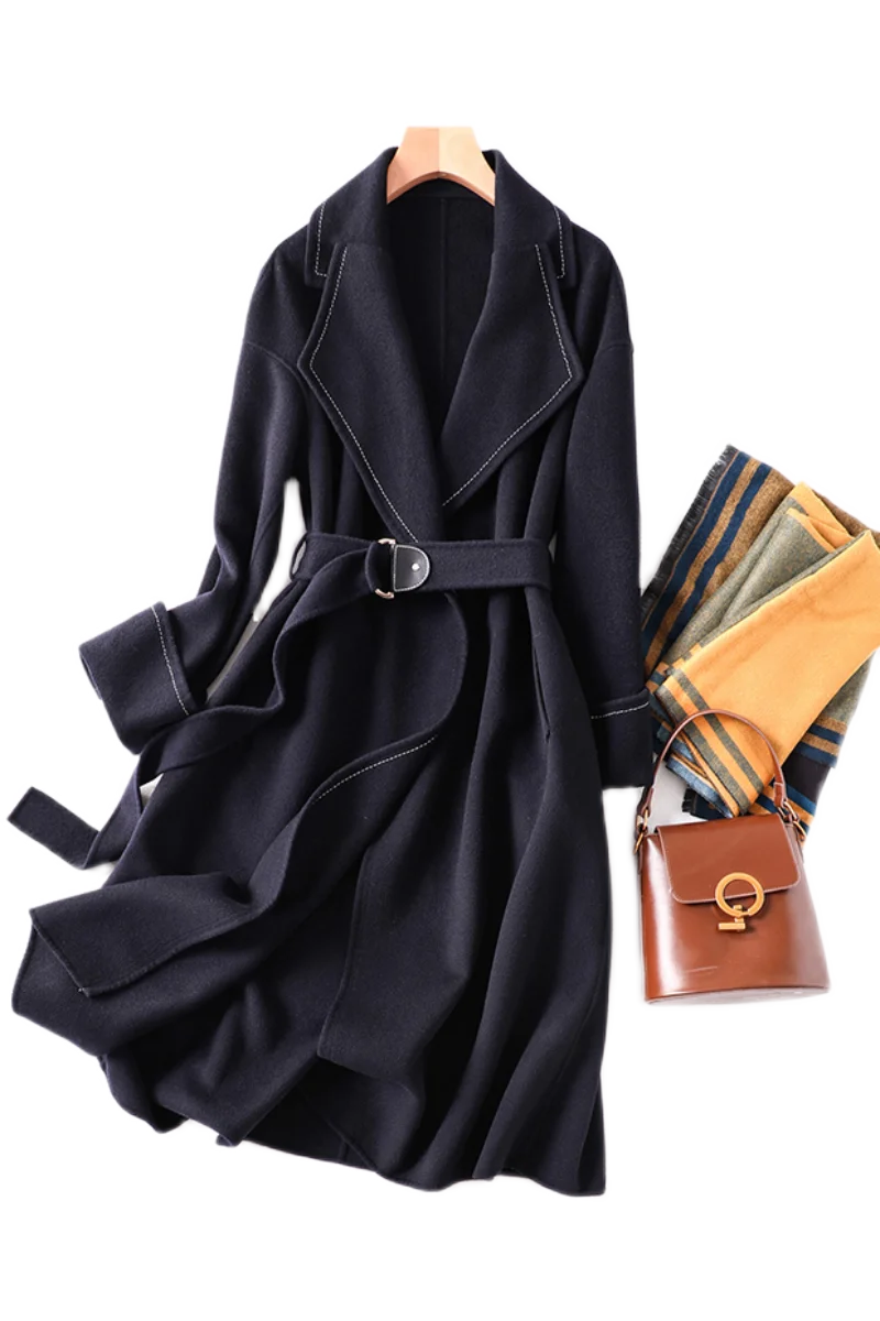 

and 90% wool+10% cashmere coats jackets women Design abrigos mujer invierno 2021 high quality Turn-down Collar Adjustable Waist