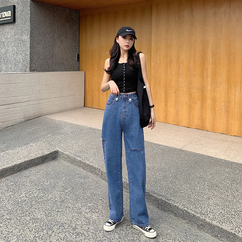 

Женские рваные джинсы с высокой талией, красные прямые джинсы с завышенной талией, широкие свободные уличные рваные джинсы с драпировкой, л...