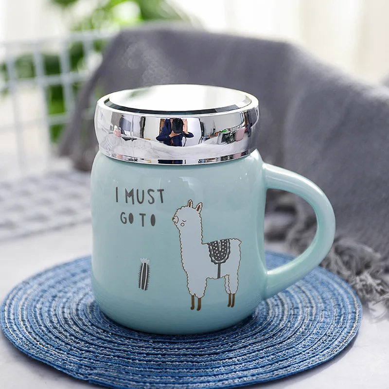 Pattern Mug with Lid Cute Cartoon Mugs Mirror Cover Ceramic Cup Single Layer Korean Creative Drinkware | Дом и сад