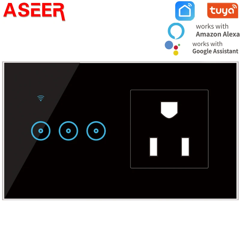 Умный выключатель ASEER Tuya 3 клавиши Wi Fi с розеткой американская Водонепроницаемая