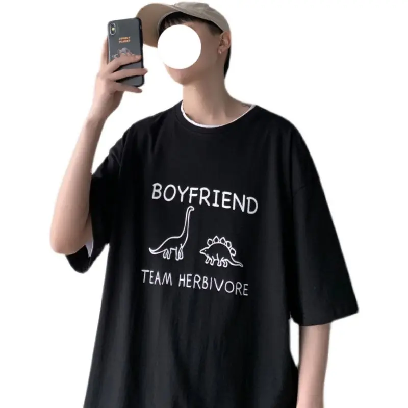 

Short Sleeve T-shirts for Men Printed Dinosaur Tide Letter Summer Cartoon Tops O-neck Loose Casual Oversize Male Clothes Cotton