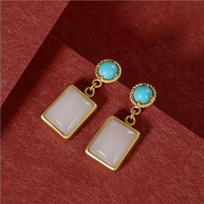 

Uglyless Natural Gemstones Square Jade Earrings for Women Ethnic Turquoise Earrings Gold 925 Silver Lady Dress Jewelry Fashion