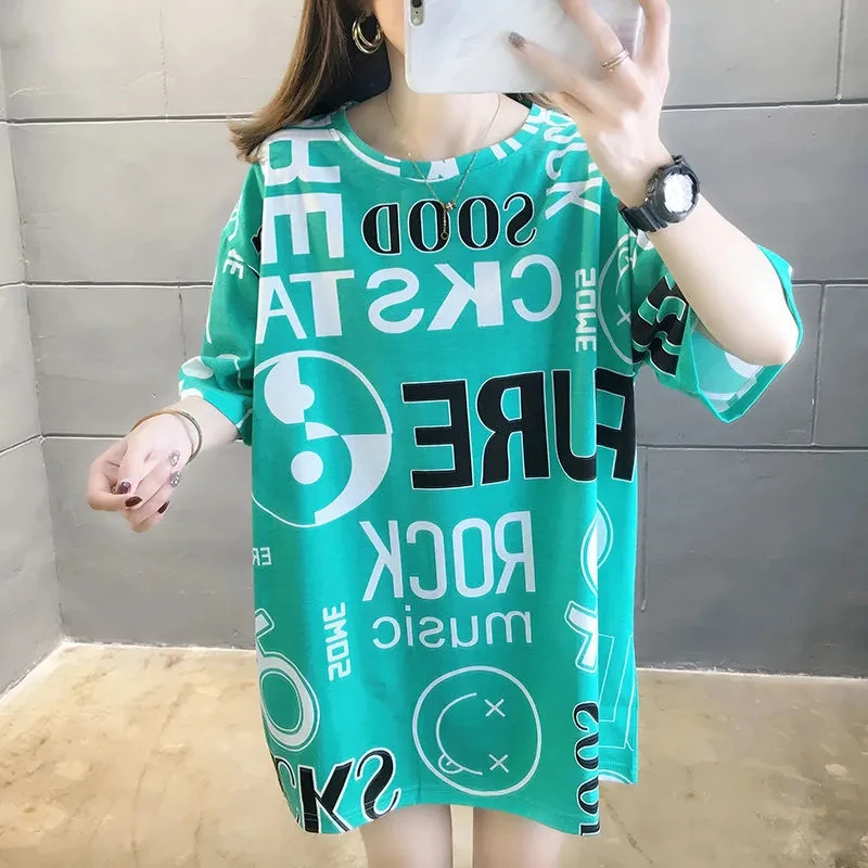 

New Korean style loose plus size ladies T-shirt, women's cotton short-sleeved women's crop top T-shirt, summer mid-length T-shir