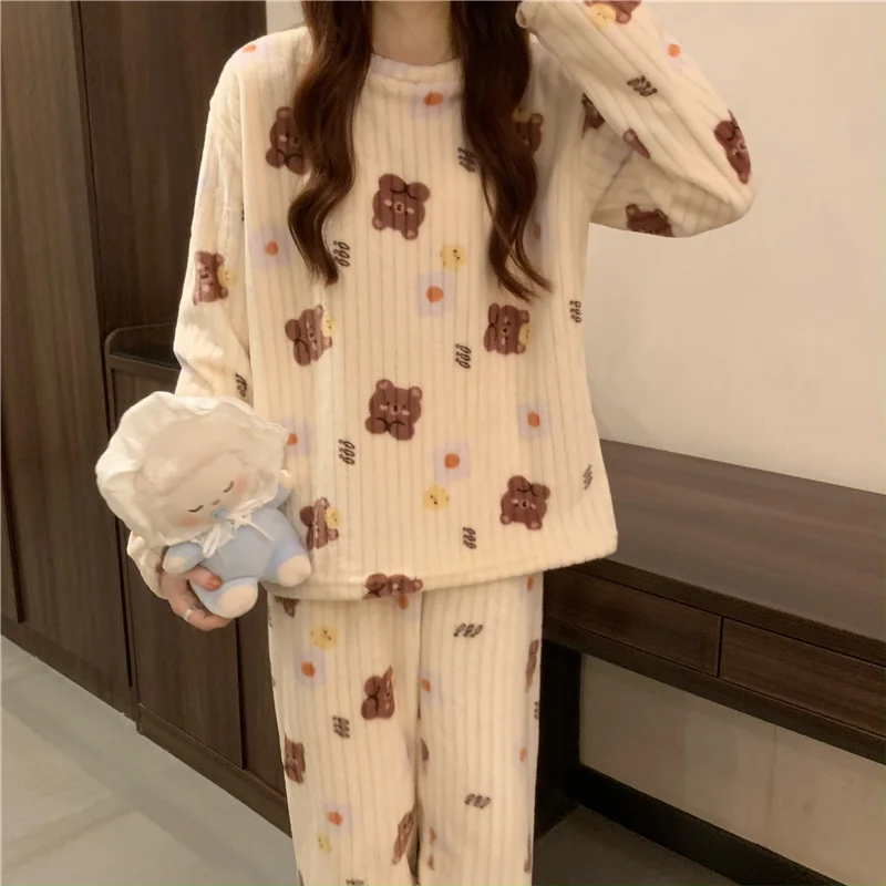 Little Bear Coral Velvet Pajama Set Female Autumn Winter 2021 Loose Comfortable Long Sleeved Home Clothes Two Piece Rac | Женская одежда
