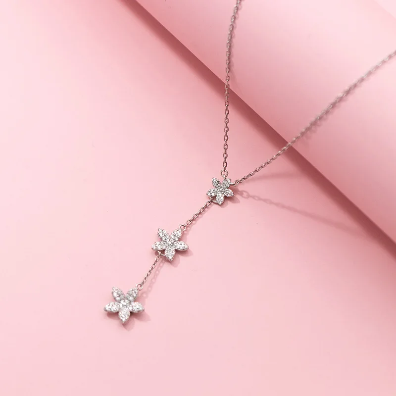 

WOOZU Real 925 Sterling Silver Romantic Stars Flower Crystal Zircon Pendant Necklaces For Women Wedding Anniversary Jewelry Gift